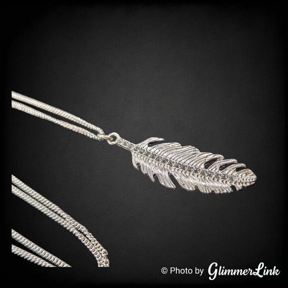 Large Delicate Rhinestone Feather Silver Tone Pendant Necklace - Picture 6 of 13